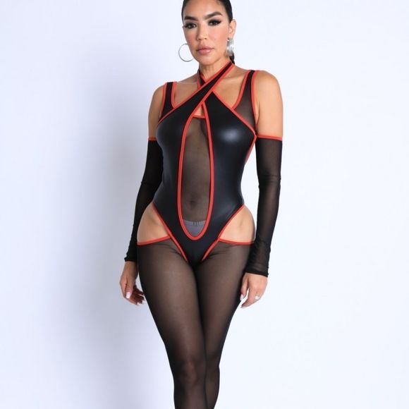 Binding pointed cutout halter mesh off shoulder jumpsuit - Picture 1 of 4